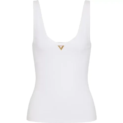 Ribbed Cotton Top with Gold V Detail , female, Sizes: S - Valentino Garavani - Modalova