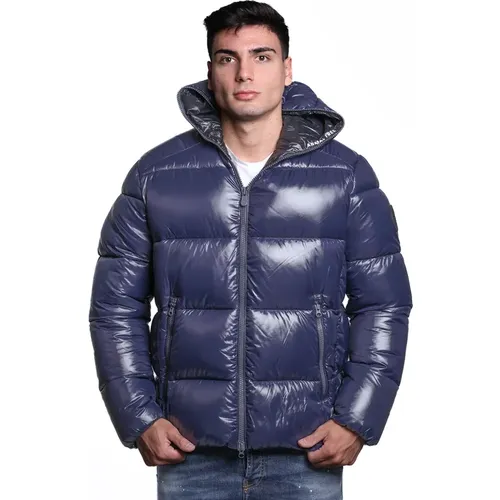 Blaue Nylon Steppjacke mit Kapuze , Herren, Größe: M - Save The Duck - Modalova