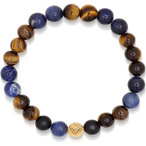 Men's Wristband with Blue Dumortierite, Brown Tiger Eye and Gold , Herren, Größe: M - Nialaya - Modalova