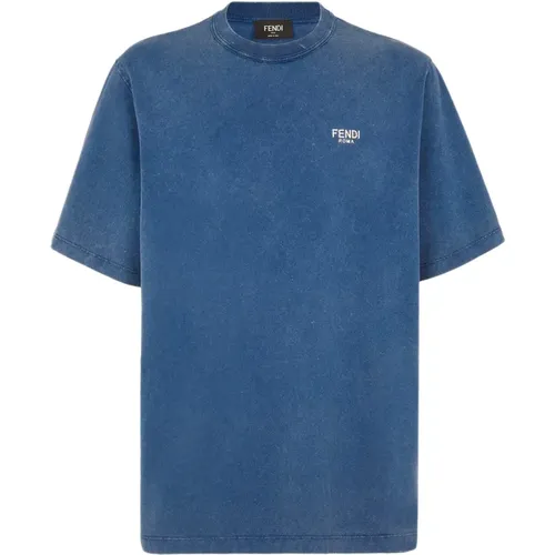 Blaues Baumwoll-T-Shirt mit Metallbuchstaben - Fendi - Modalova