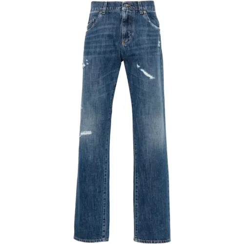 Blaue Ripped Straight Leg Jeans , Herren, Größe: XL - Dolce & Gabbana - Modalova