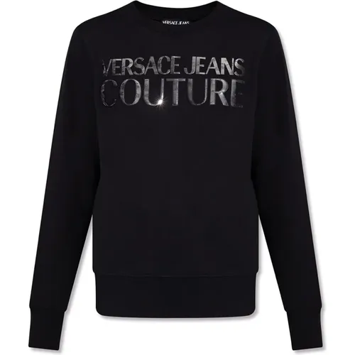 Logo Crewneck Sweatshirt Schwarz Silber Grafik , Damen, Größe: S - Versace Jeans Couture - Modalova
