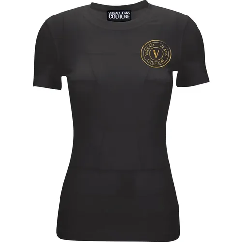 Schwarzes T-Shirt mit Gold-Logo , Damen, Größe: M - Versace - Modalova