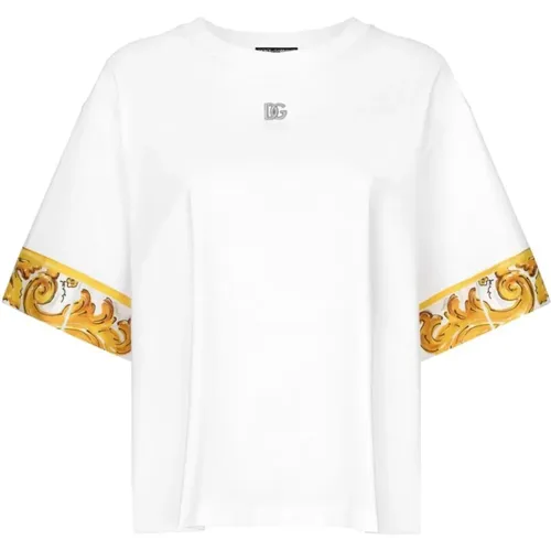 Weiße T-Shirts und Polos mit Maiolica-Druck , Damen, Größe: XS - Dolce & Gabbana - Modalova