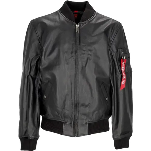 Schwarze Leder Bomberjacke mit Reißverschluss , Herren, Größe: S - alpha industries - Modalova