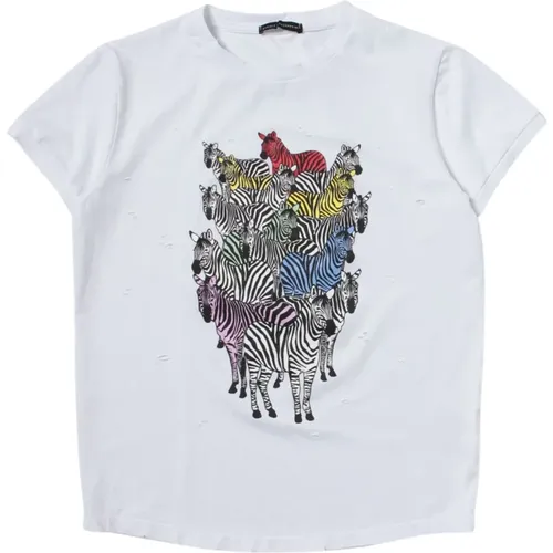 Kinder Weißes Zebra-Print T-Shirt mit Riss-Detail - Daniele Alessandrini - Modalova