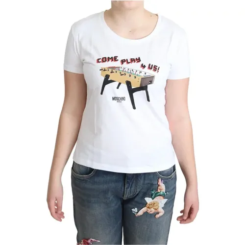 Weiße Baumwoll Come Play 4 Us Print Tops , Damen, Größe: XS - Moschino - Modalova