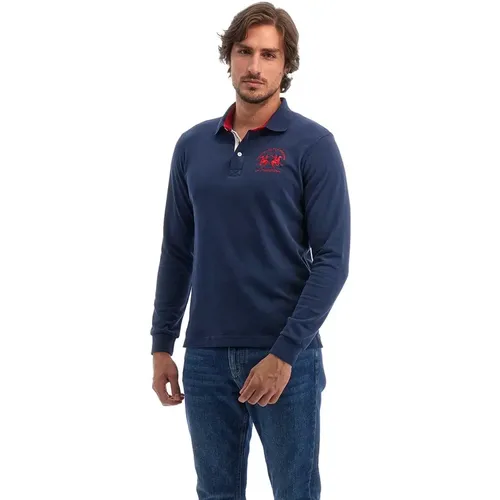 Blau Langarm Polo Shirt mit Rotes Logo - LA MARTINA - Modalova