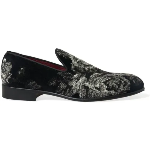 Schwarze Blumen Loafers Samt Leder - Dolce & Gabbana - Modalova