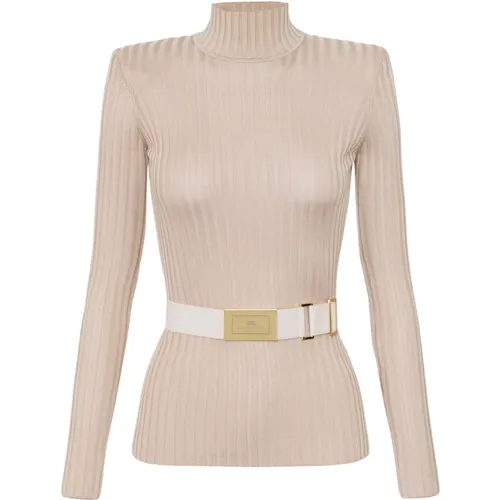 Glänzendes geripptes High-Neck-Jersey mit Gürtel - Elisabetta Franchi - Modalova