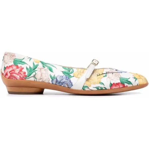 Audrey Rose Print Leather Ballerina Shoes , female, Sizes: 4 UK, 3 1/2 UK - Salvatore Ferragamo - Modalova