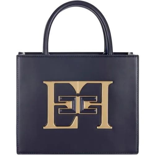 Blau Lederhandtasche mit Goldenen Details , Damen, Größe: ONE Size - Elisabetta Franchi - Modalova