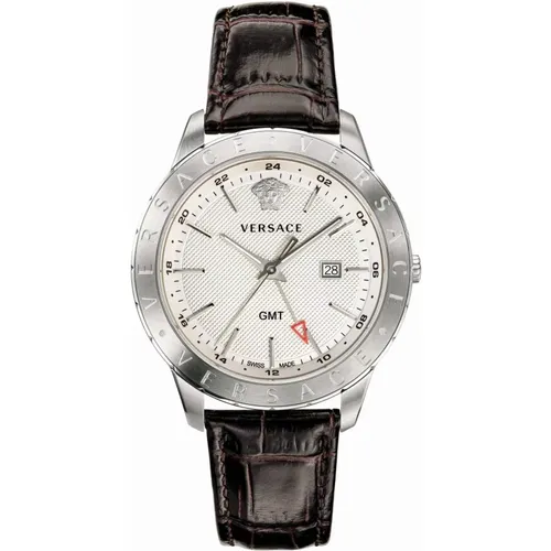 Braun Leder Silber Stahl GMT Uhr - Versace - Modalova