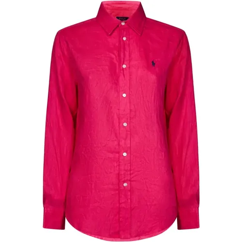 Fuchsia Linen Relaxed-Fit Shirt with Pony Embroidery , female, Sizes: M, S - Ralph Lauren - Modalova