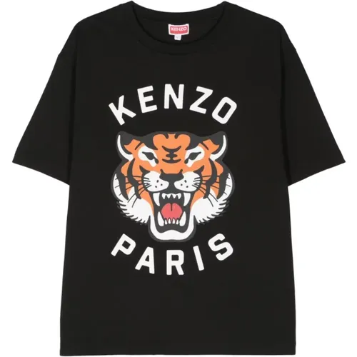 Lucky Tiger Schwarzes T-Shirt Baumwolle Rundhals , Herren, Größe: XL - Kenzo - Modalova