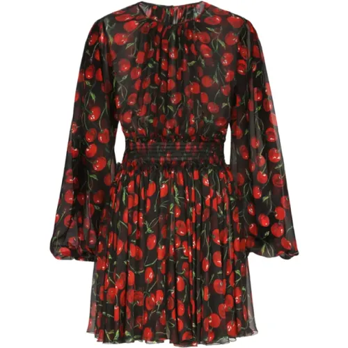 Short Black Silk Chiffon Dress with Cherry Print , female, Sizes: 2XS, S, XS - Dolce & Gabbana - Modalova