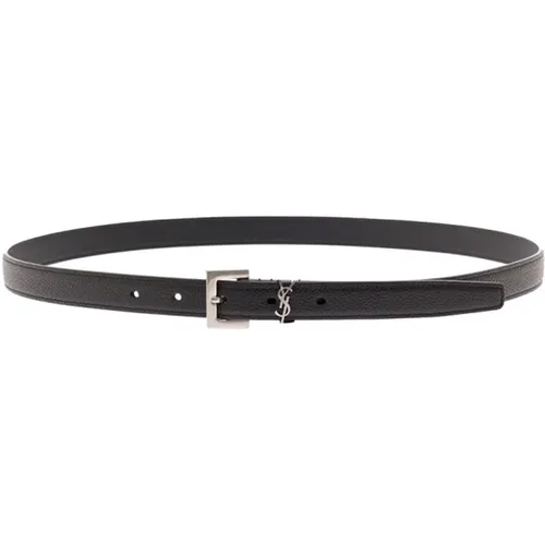 Schwarzer Gehämmerter Ledergürtel Silberschnalle , Herren, Größe: 95 CM - Saint Laurent - Modalova