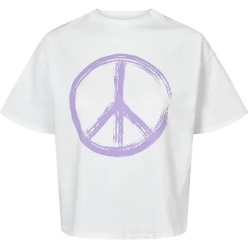 Weiße Peace Baumwoll Tee mit Lilafarbenen Buchstaben , Damen, Größe: S - American Dreams - Modalova