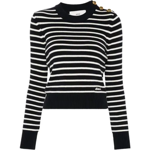 Natural Striped Sweater with Golden Buttons , female, Sizes: L, M - Ami Paris - Modalova