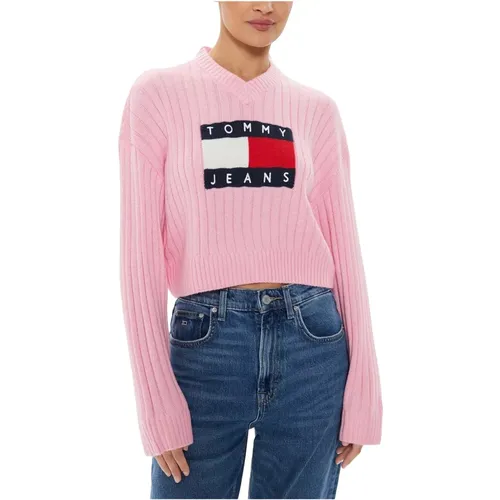 Rosa Strick V-Ausschnitt Pullover , Damen, Größe: M - Tommy Hilfiger - Modalova