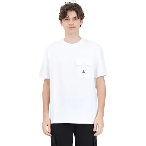 Weißes T-Shirt mit strukturiertem Muster und Logo-Knopf , Herren, Größe: M - Calvin Klein Jeans - Modalova