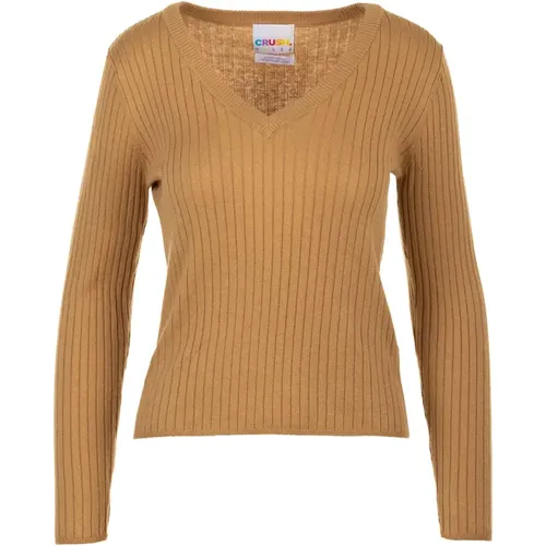 Brauner Rippstrickpullover Slim Fit , Damen, Größe: M - Crush - Modalova