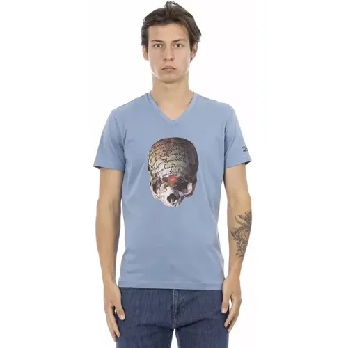 Schickes hellblaues V-Ausschnitt T-Shirt mit Frontprint , Herren, Größe: 2XL - Trussardi - Modalova