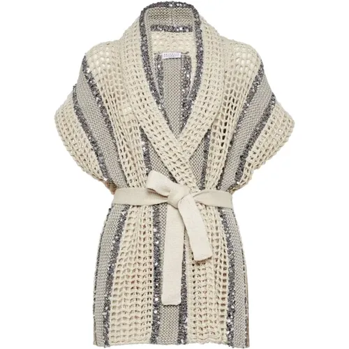 Ivory and Grey Sequin Cardigan with Shawl Collar and Removable Belt , female, Sizes: M, S - BRUNELLO CUCINELLI - Modalova