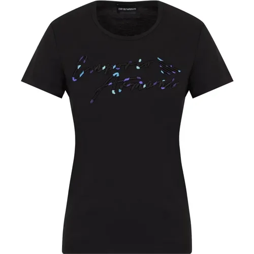 Schwarze T-Shirts und Polos mit Logo-Stickerei , Damen, Größe: S - Emporio Armani - Modalova