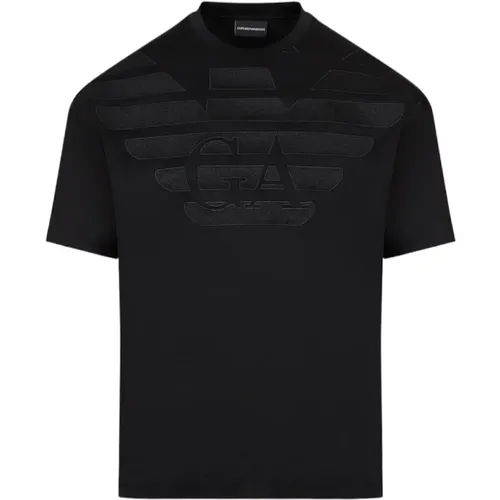 Schwarzes T-Shirt mit kurzen Ärmeln und gesticktem Adlerlogo - Emporio Armani - Modalova