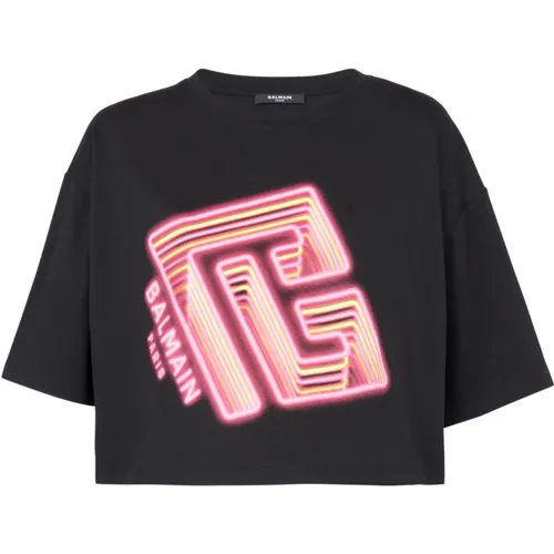 Kurzes T-Shirt mit Neon-Print - Balmain - Modalova