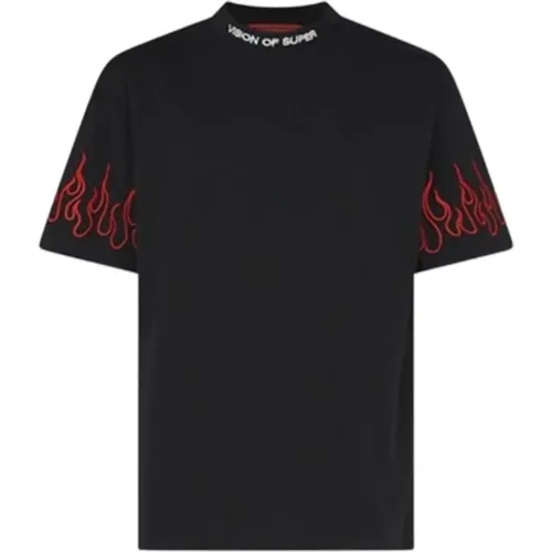 Schwarzes T-Shirt mit roten Flammen , Herren, Größe: S - Vision OF Super - Modalova