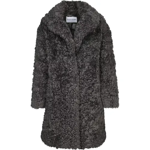 Grey Faux Fur Coat Curled Finish , female, Sizes: XS, M, S - Stand Studio - Modalova