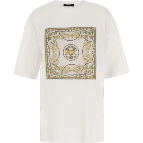 Baumwoll-T-Shirt mit Schal-Applikation , Damen, Größe: S - Versace - Modalova