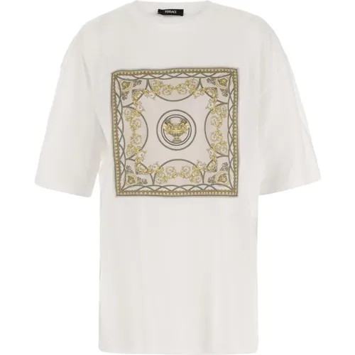 Baumwoll-T-Shirt mit Schal-Applikation , Damen, Größe: XS - Versace - Modalova