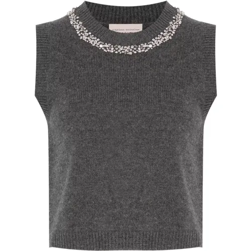 Grey Wool-Cashmere Sweater with Rhinestone Embellishment , female, Sizes: XS - Semicouture - Modalova