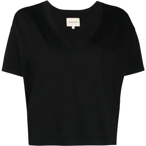 Schwarzes V-Ausschnitt T-Shirt , Damen, Größe: M - Loulou Studio - Modalova