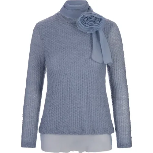 Blauer Mohair-Stricktop mit Blumendetail - Ermanno Scervino - Modalova