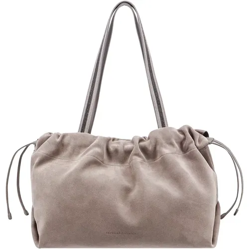 Grey Leather Shoulder Bag with Monili Profiles , female, Sizes: ONE SIZE - BRUNELLO CUCINELLI - Modalova