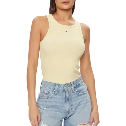 Geripptes Baumwollstretch-Top - Gelb , Damen, Größe: S - Tommy Jeans - Modalova