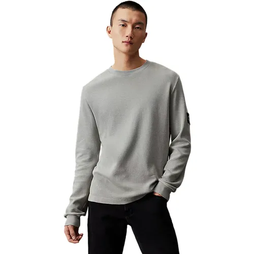 Grauer Pullover Baumwolle Geprägt Langarm , Herren, Größe: L - Calvin Klein - Modalova