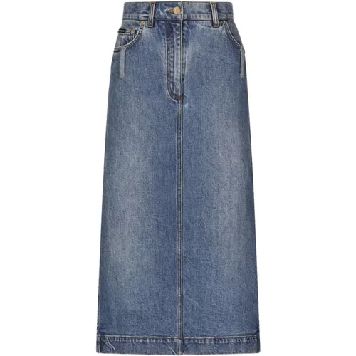 Logo-Plaque Midi Denim Skirt , female, Sizes: M, L, S, XS - Dolce & Gabbana - Modalova