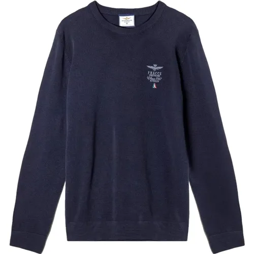 Marineblauer Baumwoll-Rundhalsausschnitt Pullover , Herren, Größe: M - aeronautica militare - Modalova