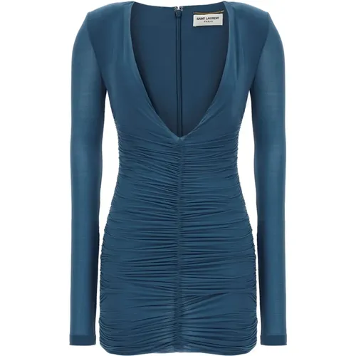Cupro Jersey V-Neck Dress , female, Sizes: M, S - Saint Laurent - Modalova