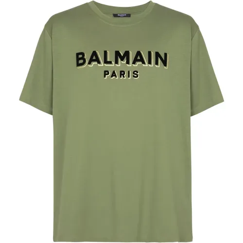 T-Shirt mit beflocktem Paris,Grünes Flocked Logo Crew Neck T-shirt - Balmain - Modalova