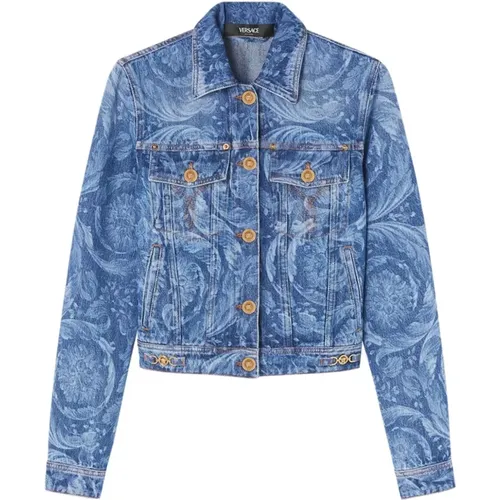 Denim Denim Jacket with Signature Barocco Print , female, Sizes: XS - Versace - Modalova