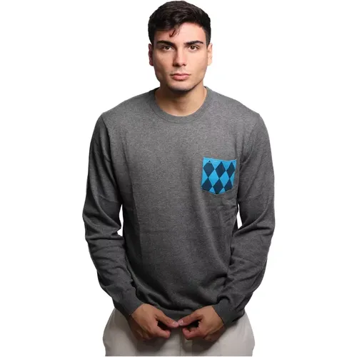 Dunkelgrauer Pullover mit Blauem Rhombus , Herren, Größe: S - Sun68 - Modalova