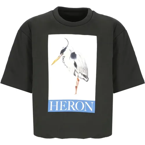 Schwarzes Gepolstertes Baumwoll-T-Shirt mit Vogeldruck - Heron Preston - Modalova