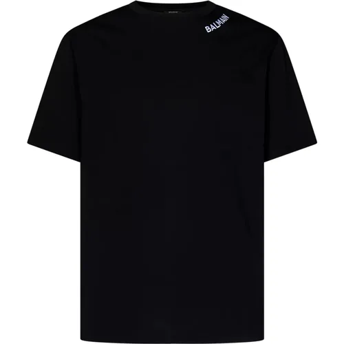 Schwarzes T-Shirt aus Bio-Baumwolle mit gesticktem Logo - Balmain - Modalova