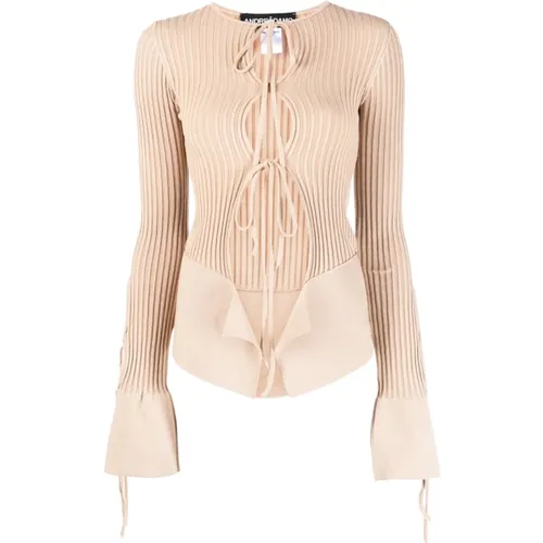 Ribbed Nude Sweater with Cut-Outs and Coordinated Ties , female, Sizes: M - Andrea Adamo - Modalova
